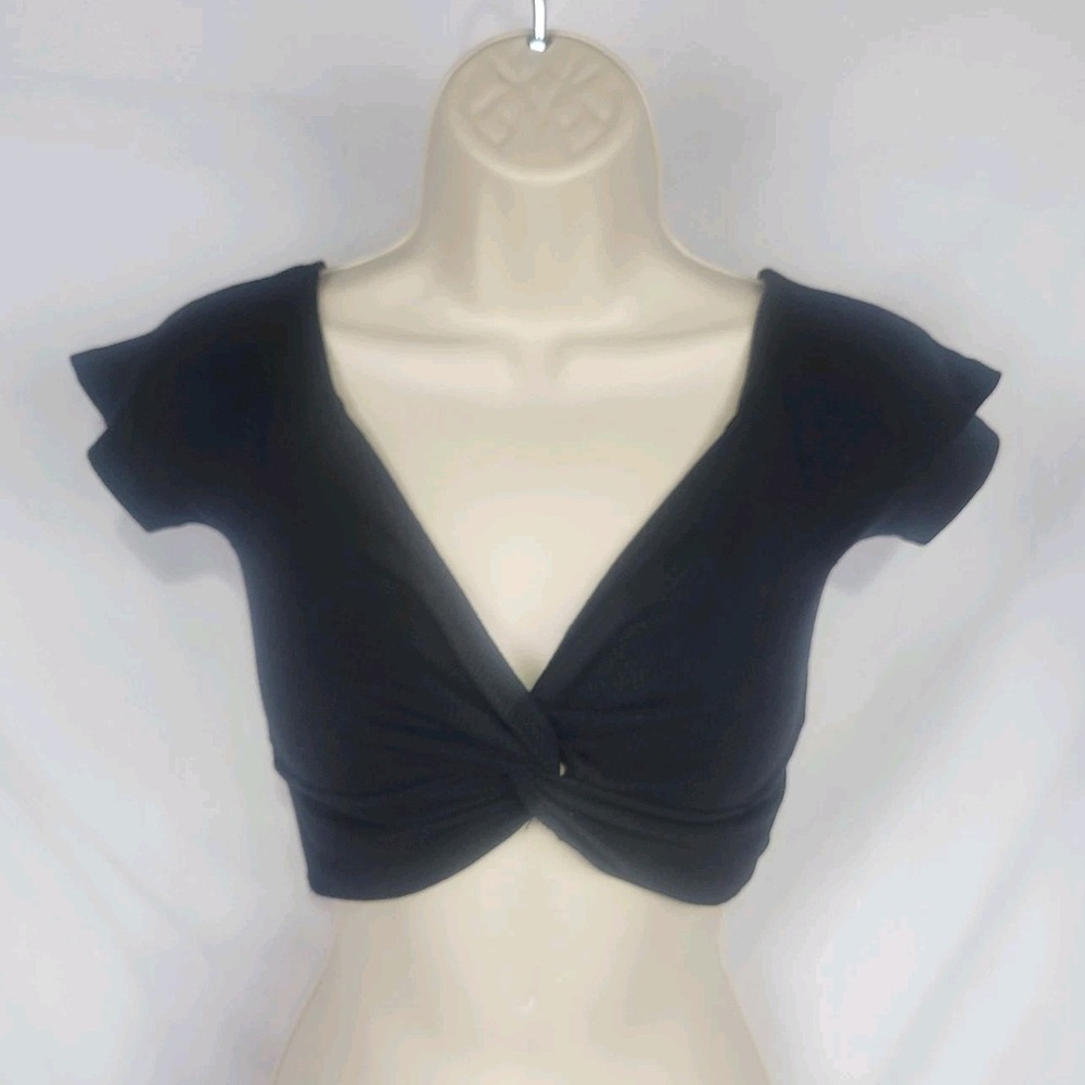 Active USA Deep Plunge Ribbed Stretch Crop Top Small Black